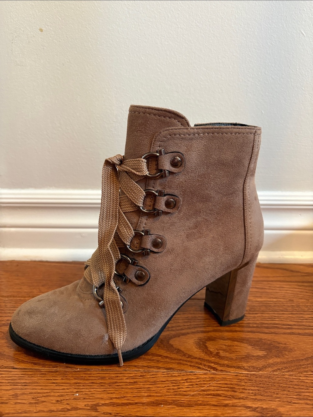Women's Taupe Suede Lace-Up Block Heel Ankle Boot